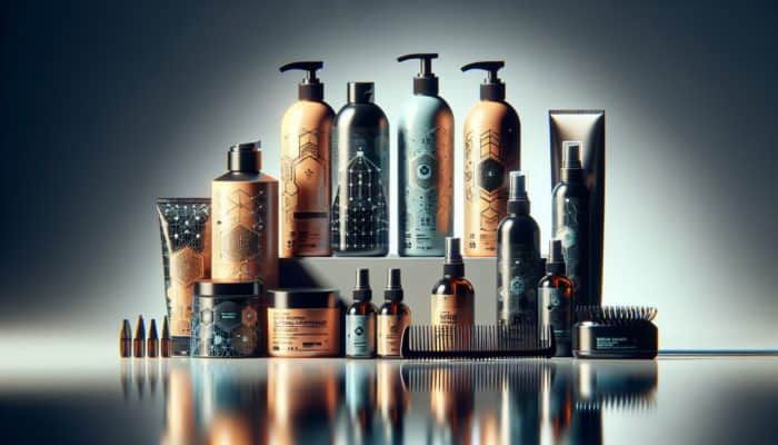 How to Achieve the Wet Hair Look: A collection of hair styling products on a modern bathroom counter.