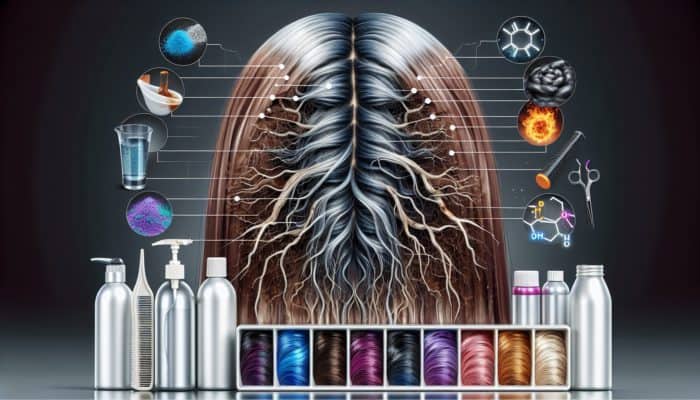 Caring for Color-Treated Hair Textures: Damaged color-treated hair strands with signs of brittleness and breakage, surrounded by dye bottles, heat tools, and UV/pollution symbols.