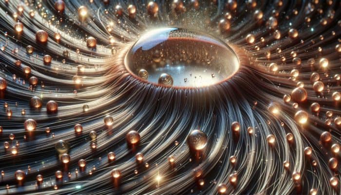 Beginner’s Guide to Hair Moisturising: A close-up of a moist hair shaft with water droplets, surrounded by vibrant, healthy hair strands.
