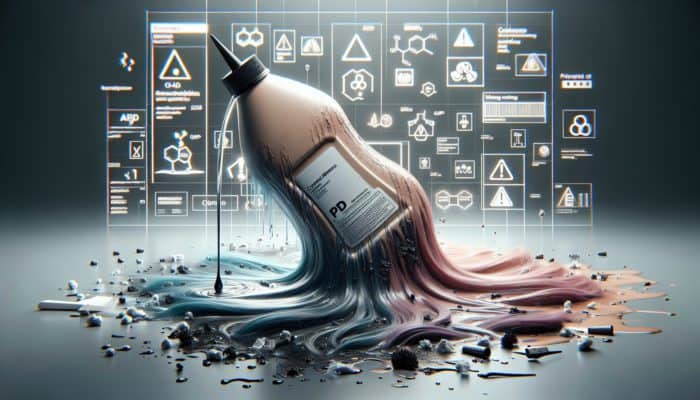 Why You Should Avoid Cheap Hair Dyes: Close-up of hair dye bottle leaking PPD, ammonia, resorcinol, with damaged hair and warning symbols.