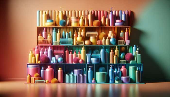 Choosing Affordable Hair Products in the UK: Diverse affordable hair care products on a colorful shelf, with price tags and ingredient lists visible.