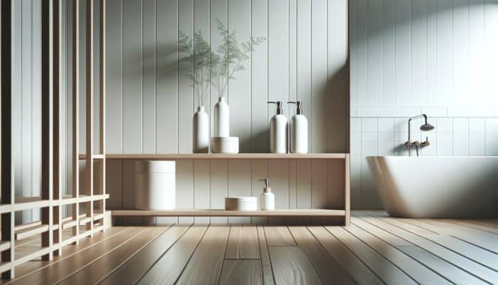 Minimalist Hair Routines for Busy Lives: A serene bathroom with minimalistic design, showcasing a few high-quality hair care products on a simple shelf.