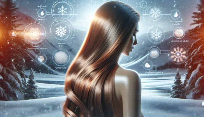 Winter Hair Care Tips for UK Weather: Woman with hydrated hair in snowy landscape using winter-specific shampoo and conditioner with argan oil and hyaluronic acid.