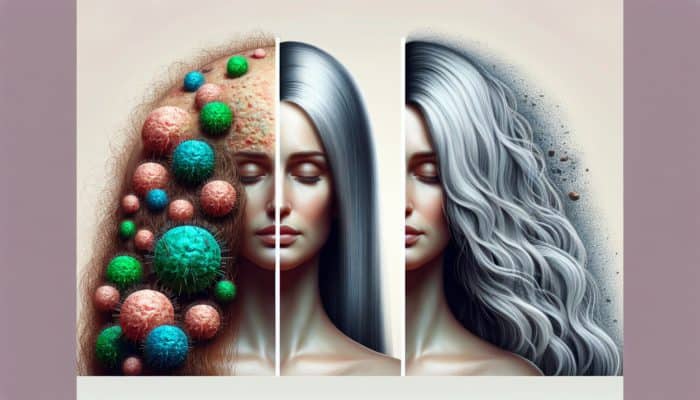 A vibrant scalp with lush hair versus a neglected scalp with dandruff and hair loss.