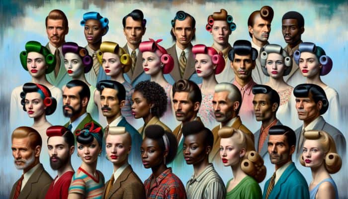 Retro Hair Care Techniques Making a Comeback: A diverse group showcasing vintage hairstyles like victory rolls, beehives, and finger waves, blending retro with modern fashion.