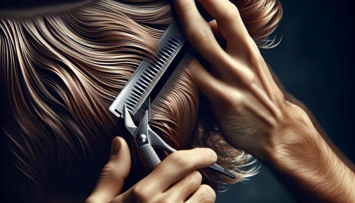 Using Razor Cuts to Soften Edges: A hairstylist using a razor blade to create soft, feathered edges on a model's hair, demonstrating a razor cut.