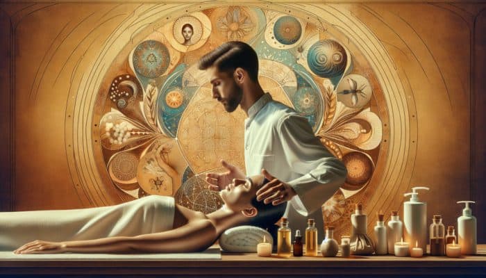 A person receiving a scalp massage in a spa, surrounded by essential oils and hair growth products.