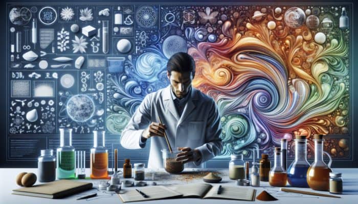 Mastering Natural Ingredient Blends: A scientist blends natural ingredients, analyzing their compatibility through swirling patterns, creating a harmonious product.