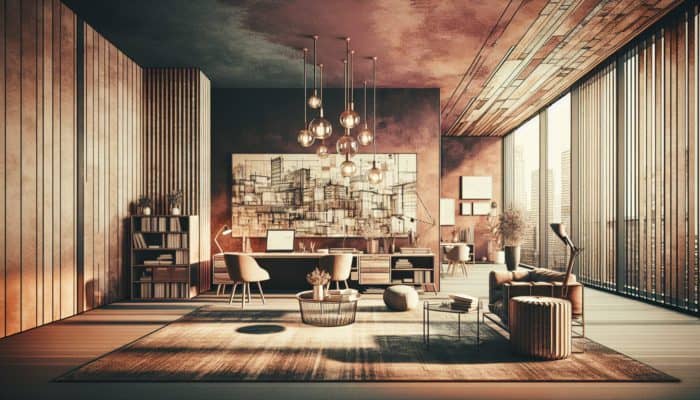 Adopting Muted Auburn for Subtlety: A muted auburn backdrop in a sleek urban interior, showcasing diverse textures and colors with rustic charm.