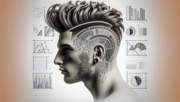 Undercut hairstyle with shaved sides, intricate patterns, and styled long hair on top.