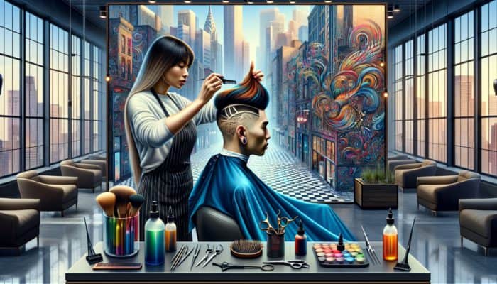 A hairstylist in a modern salon creatively enhancing an undercut with bold colors and patterns.
