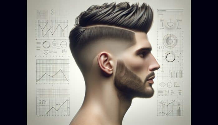 A man's modern undercut hairstyle, styled with texturizing spray and pomade, showing clean lines and distinct shape.