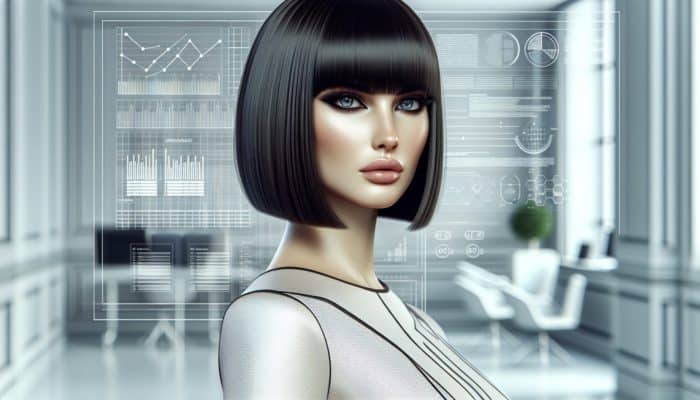 Executing Bob Cuts For Ease: Elegant woman with a sleek, jaw-length bob cut and full bangs, exuding sophistication.