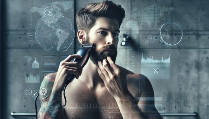 Exploring Pubic Hair Grooming Essentials: A person using an electric trimmer to groom facial hair in a modern bathroom, experimenting with styles.