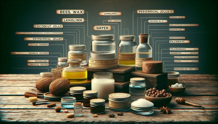 Applying Pomade for Slick Holds: Still life of pomade ingredients in vintage glass jars on a rustic wooden table.
