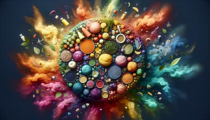 Refining Vegan Dye Options: A vibrant palette of vegan dyes from plants, minerals, and synthetics, used in eco-friendly fashion, textiles, and cosmetics.