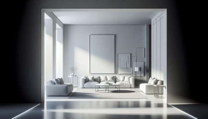 Refining Messy Styles For Ease: A minimalist room showcasing a streamlined aesthetic with clean lines, monochrome colors, and balanced furniture layout.