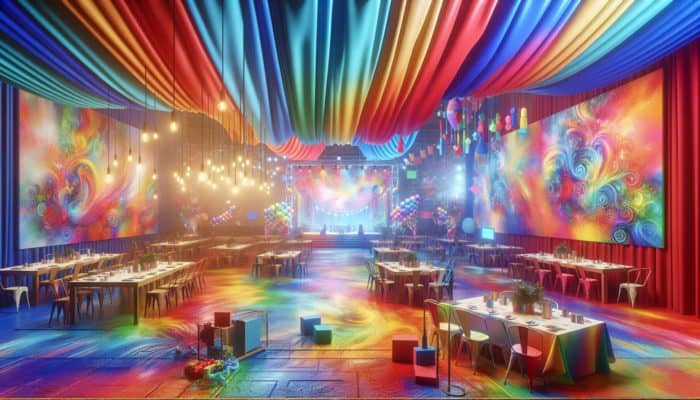 Fun Colour Washes Temporarily: Vibrant temporary color washes on surfaces at a lively event, enhancing the festive atmosphere.