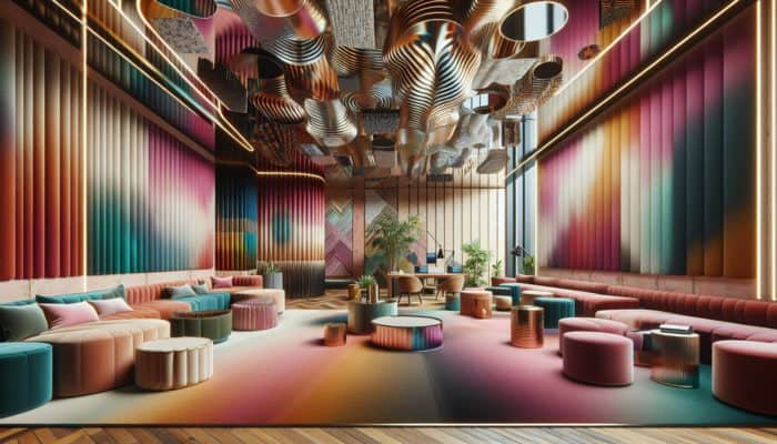 A room with diverse textures including velvet walls, stone floors, metallic surfaces, and fabric ceilings.