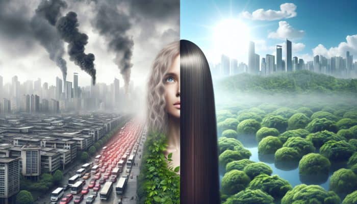 Fortifying Fine Hair for Thickness: Image showing urban pollution thinning hair on one side and a serene environment promoting thicker hair on the other, illustrating genetic and environmental impacts.