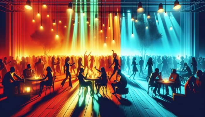 Balancing Themed Party Designs: A vibrant party scene with warm red and yellow tones and a calm area with cool blue and green hues.