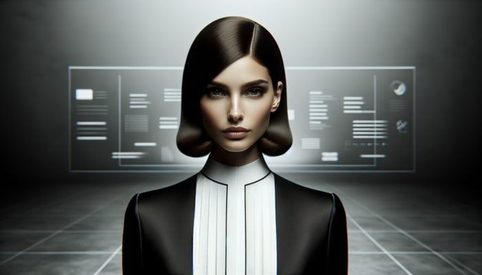Embracing Centre-Partings for Symmetry: Person with sleek center-parted hairstyle, in classic black and white outfit, against minimalist background.