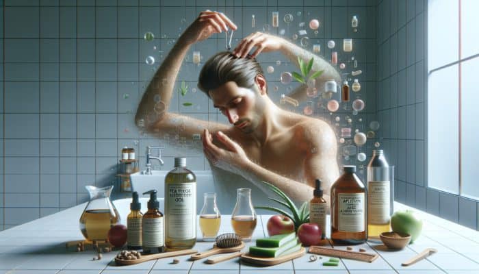 Person using natural ingredients like tea tree oil and aloe vera for dandruff relief in a serene bathroom.