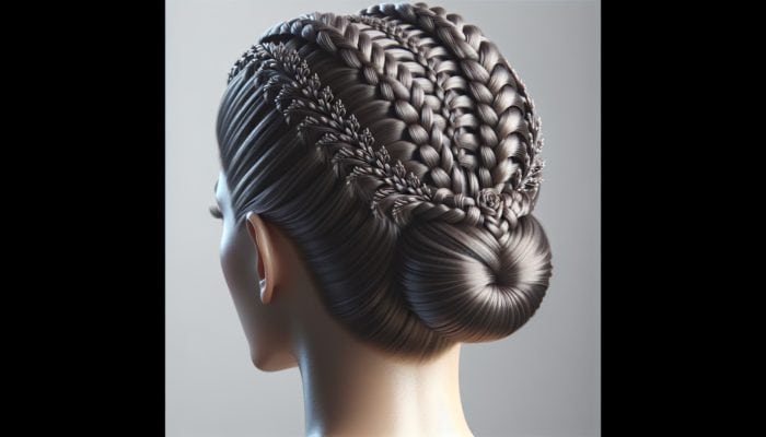 Close-up of woman's head with intricate micro braids in a sophisticated updo, showcasing hairstyle versatility and protection.