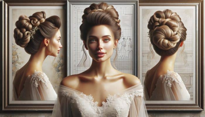 Designing Bridal Updos for Elegance: Elegant bride with timeless updos: French twist, chignon, bun, enhancing her radiant beauty on her wedding day.