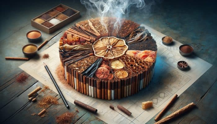 Forming Tobacco Bronde Basics: Cross-section of tobacco bronde blend with layers of leaves, vanilla, caramel hints, and smoky atmosphere.
