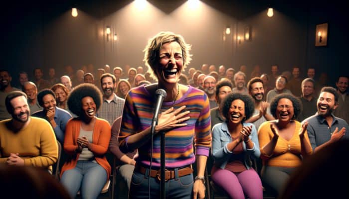 Refining Comedian Casual Cuts: Comedian reacting spontaneously to audience, enhancing comedy with authentic humor.