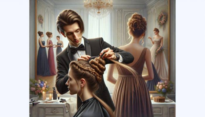 Employing Festive Updos Yearly: Hairstylist demonstrating French twist and messy bun techniques on diverse hair types for various events.