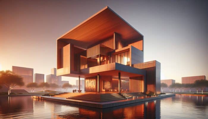 Building Harvest Auburn Shades: Modern building with warm auburn light, enhancing natural illumination and energy efficiency, blending indoor and outdoor spaces.