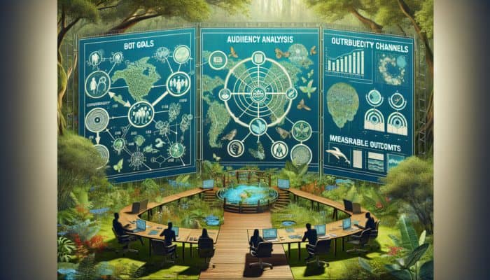 Balancing Biodiversity Support Campaigns: Blueprint of biodiversity campaign with goals, audience, channels, outcomes, and timeline on nature-themed background.