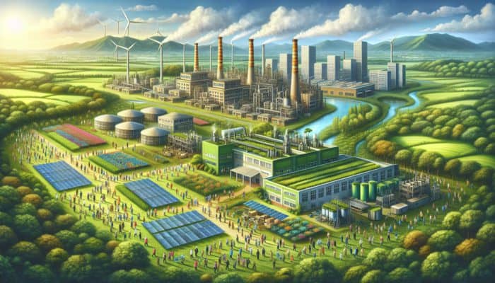 Forming Ethical Sourcing Policies: Diverse workers in eco-friendly factories with greenery, symbolizing ethical sourcing and corporate sustainability commitment.