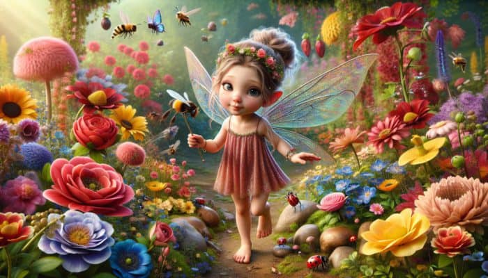Adopting Tinkerbell Pixies For Fun: A Tinkerbell pixie exploring a vibrant garden, interacting with flowers and insects.