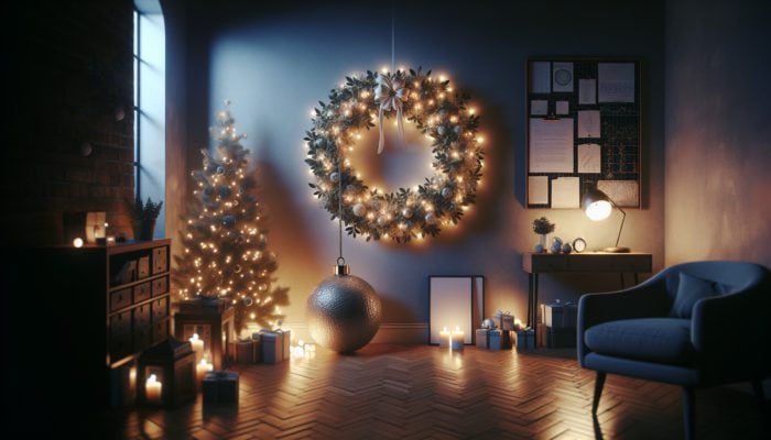 Balancing Holiday Sparkle Additions: A minimalist holiday scene with a simple wreath, elegant lights, and a single ornament in a cozy room.