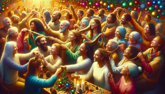 Creating Holiday Braids Joyfully: A family and friends joyfully braiding hair, surrounded by holiday decorations, enhancing festive atmosphere.