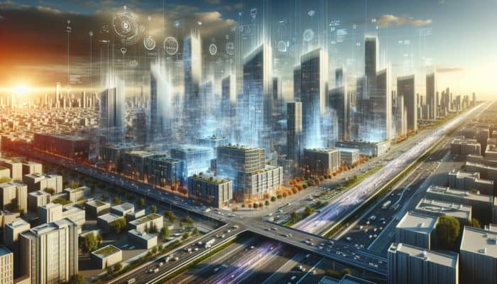 Forming Weather-Adaptive Fringes: Futuristic cityscape with buildings featuring dynamic fringes adapting to weather conditions for enhanced comfort.