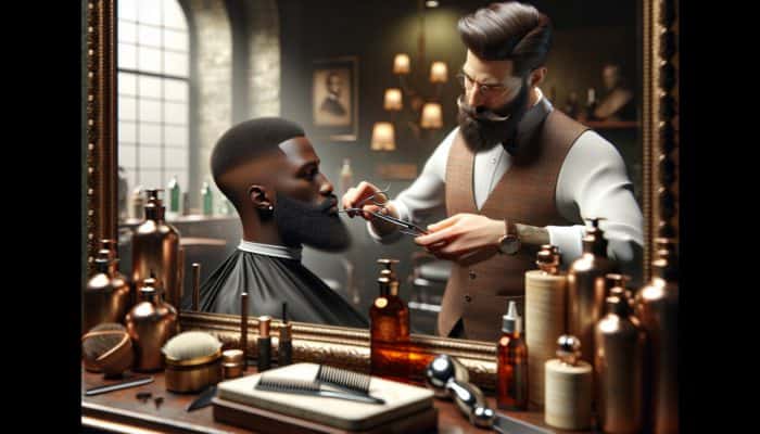 Enhancing Facial Hair Grooming: A barber grooming a man's beard with precision tools in a stylish, well-lit salon.