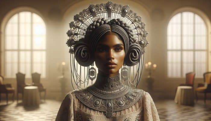 A regal woman with halo braids and intricate patterns, blending cultural elegance and modern style.