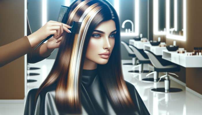 Woman receiving blonde highlights in a modern salon, highlighting technique effectiveness.