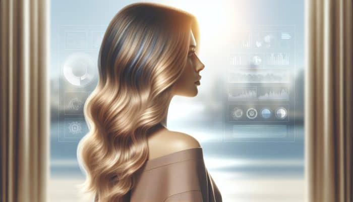 Woman with balayage blonde highlights mimicking natural sunlight on a bright day.