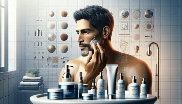 Man applying aftershave balm in bathroom, surrounded by lotions and toners for skin recovery.