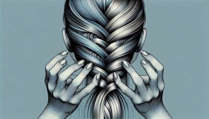 A woman's hands braiding waterfall-style hair with precision and elegance.