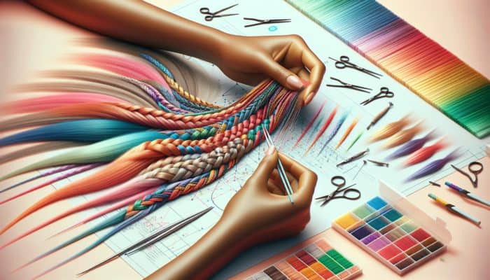 Forming Micro Braids in Half-Up Styles: Close-up of hands crafting intricate micro braids with colorful extensions on a pastel background.