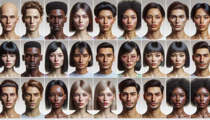 Adapting Cuts to Face Shapes: Diverse group showcasing oval, round, square, and heart face shapes with flattering haircuts.