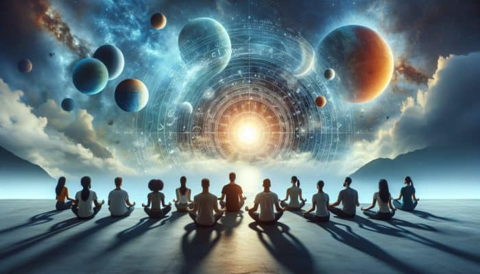 Channelling Equinox Balanced Cuts: A serene equinox landscape with balanced light and shadow, people meditating in harmony with nature.