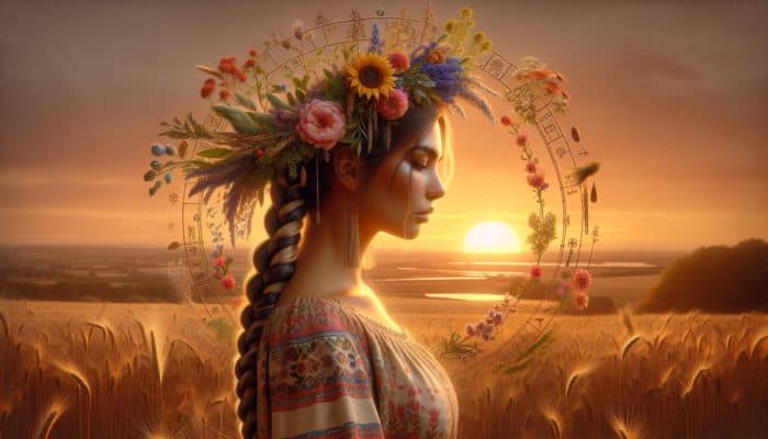 A woman with a solstice braided crown of flowers, herbs, and ribbons at sunset, symbolizing unity and nature's cycles.