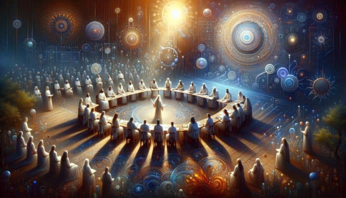 Illustration of experts refining Solstice Braided Crowns, sharing insights in a natural setting.